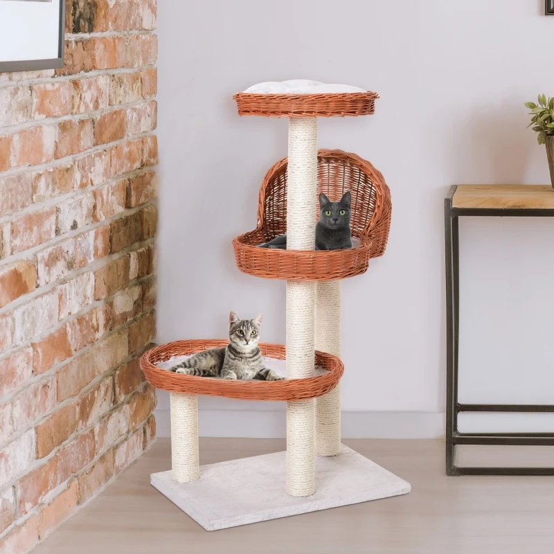 PawHut 4 Tier Cat Tree for Indoor Cats Activity Center Willow Platforms Kitty Scratcher Play Tower Toy Condo 110 cm