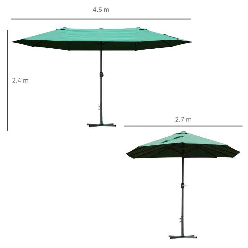 Outsunny 4.6M Sun Umbrella Canopy Double-sided Crank Sun Shade w/ Cross Base Dark Green