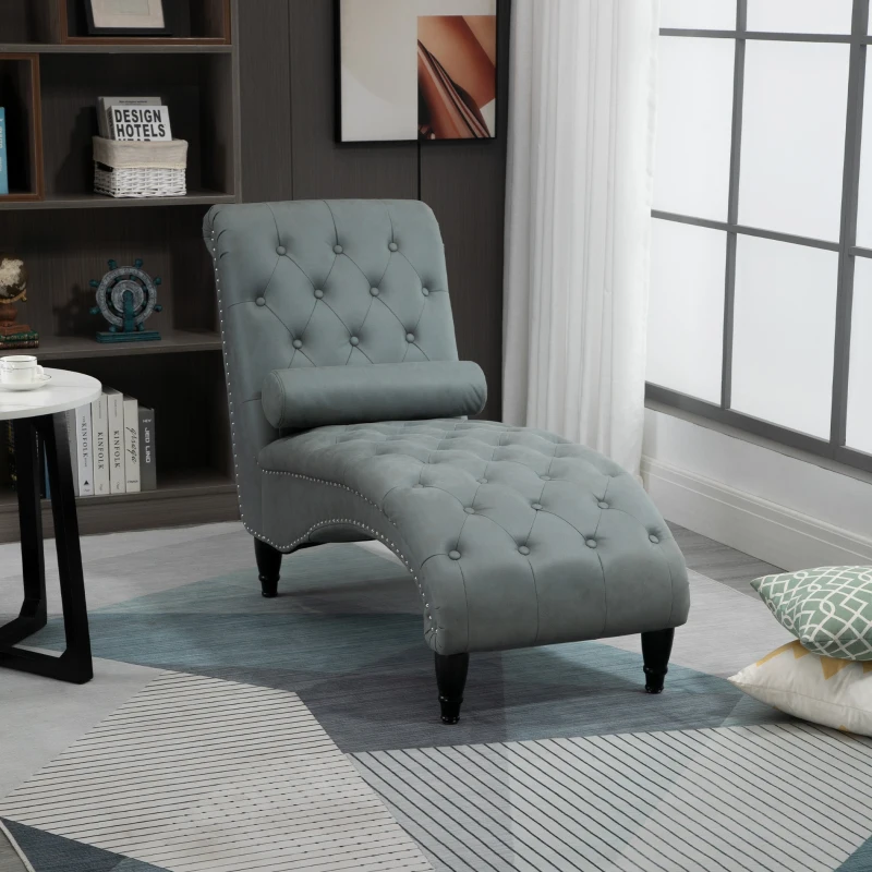 HOMCOM Tufted Chaise Longue Modern Recliner Upholstered Leisure Sofa Chair with Pillow for Living Room, Bedroom