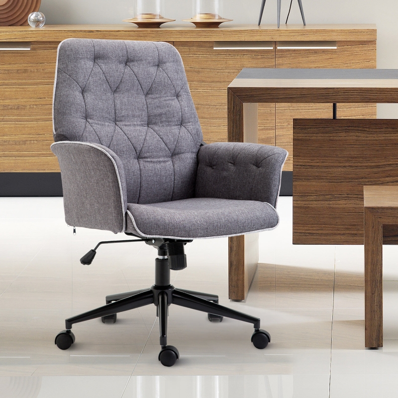 HOMCOM Linen Back Office Chair w/ Armrest & 360° Swivel Base - Grey