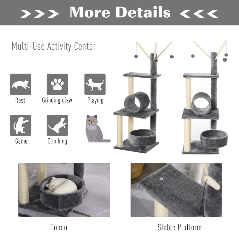 PawHut Cat Tree for Indoor Cats 121cm Kitten Tower Sisal Scratching Post Pet Activity Center Perch Condo Hanging Ball Grey