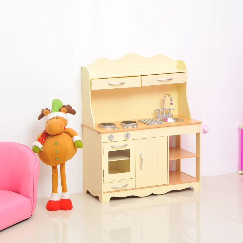 HOMCOM Children's MDF Pretend Play Home Kitchen Yellow