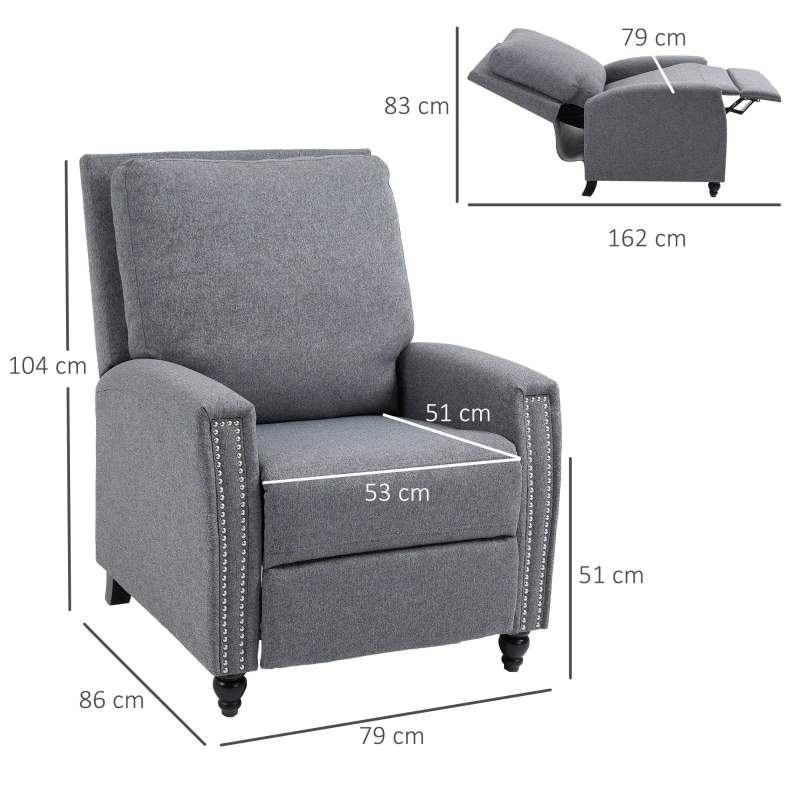 HOMCOM Recliner Armchair Fabric Single Sofa Chair w/ Footpad Light Grey 79W x 86D x 104H cm
