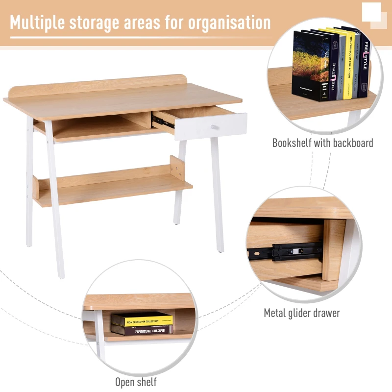 HOMCOM Metal Frame Computer Desk Office Workstation  w/Drawer Shelf White