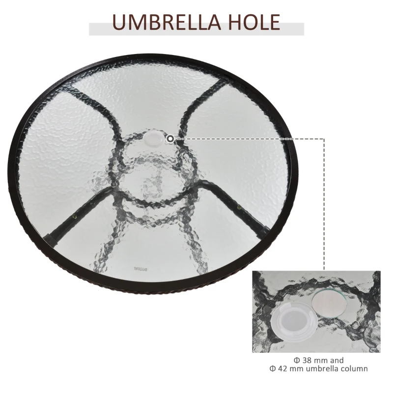 Outsunny Patio Rattan Round Table All Weather Outdoor Dining Wicker Table w/ Umbrella Hole for Garden Balcony Poolside Glass Top Brown