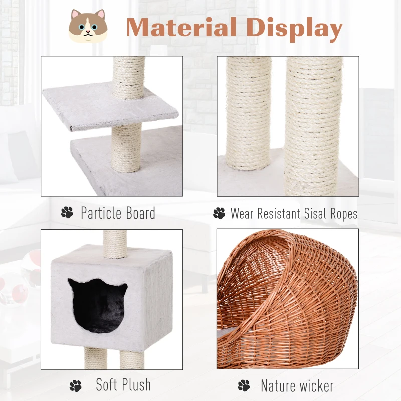 Pawhut 1.3m Cat Tree for Indoor Cats Condo Tower Scratching Post Climber Hooded Rattan Wicker cat cave