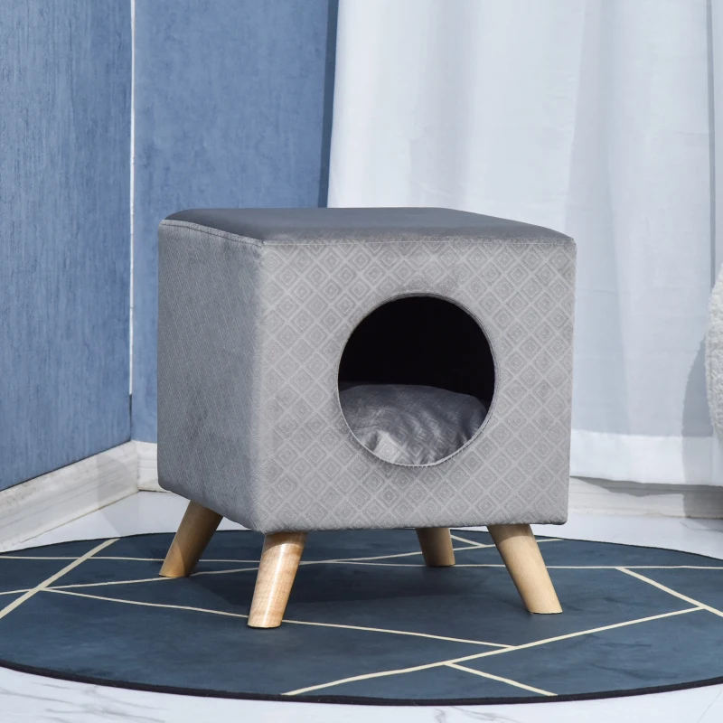 PawHut Elevated Cube Cat Condo Ottoman Bed Pet House Wood Frame Legs Cushion Cat Dog  Home Platform Hutch Grey