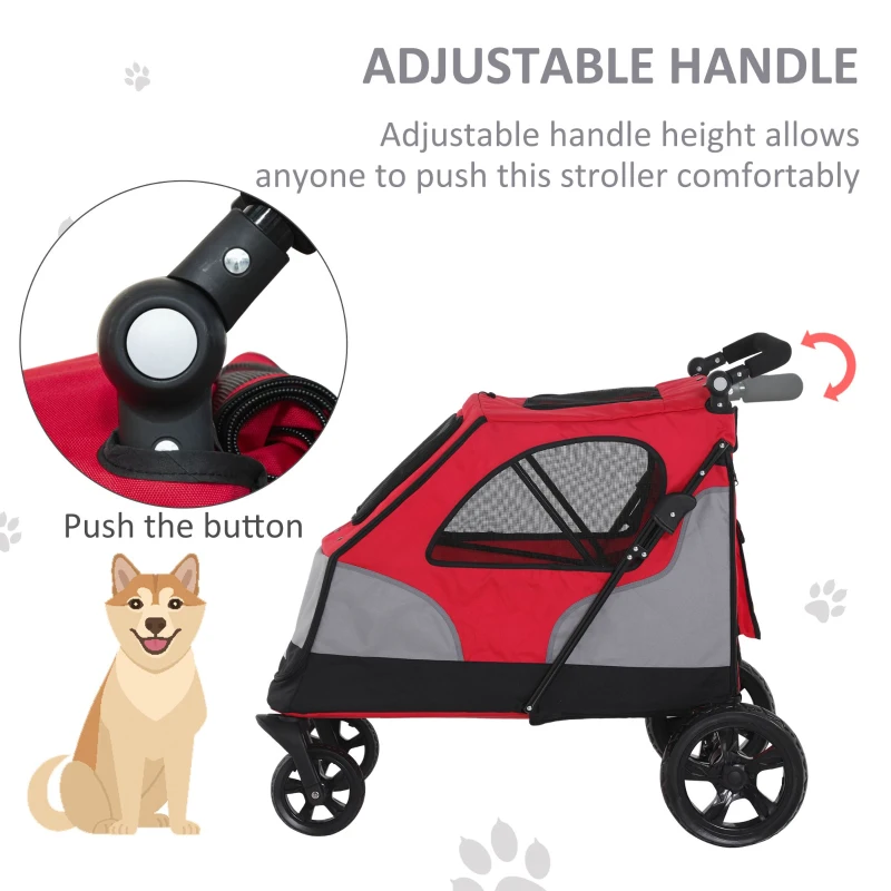 PawHut Dog Stroller Foldable Pet Trolley Pushchair Carrier Adjustable Handlebar for Medium Large Dogs Red