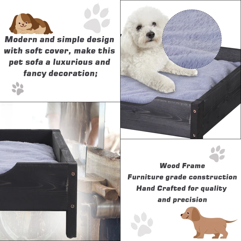 PawHut Wooden Elevated Dog Sofa Pet Bed Cat Kitten Lounger with Cushion Soft Comfortable Lightweight Black 62 x 54 x 15 cm