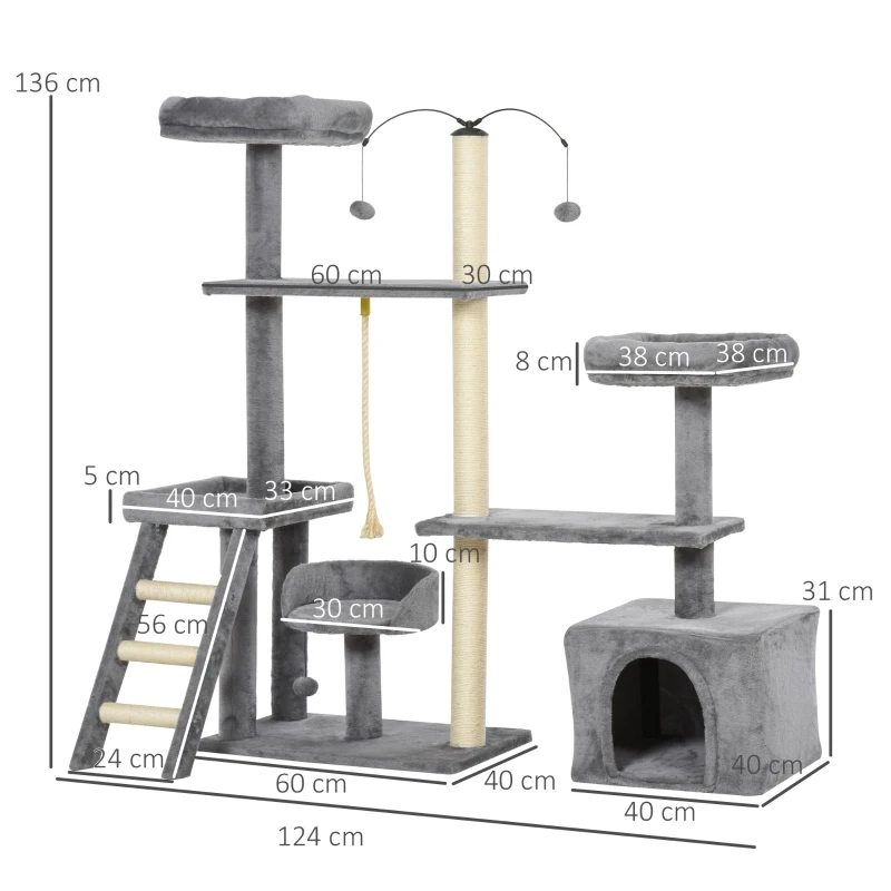 PawHut Cats Sisal Rope Multi-Level Activity Scratching Tree Grey