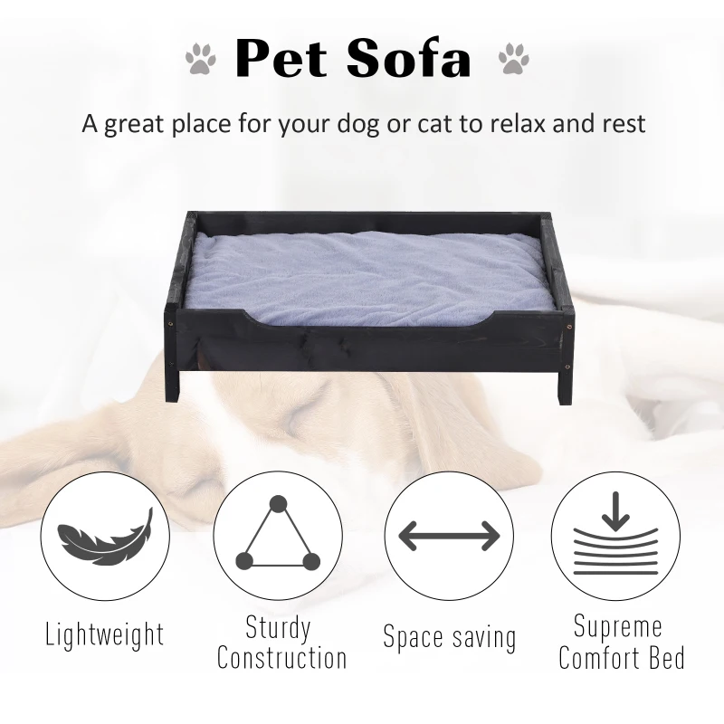 PawHut Wooden Elevated Dog Sofa Pet Bed Cat Kitten Lounger with Cushion Soft Comfortable Lightweight Black 62 x 54 x 15 cm