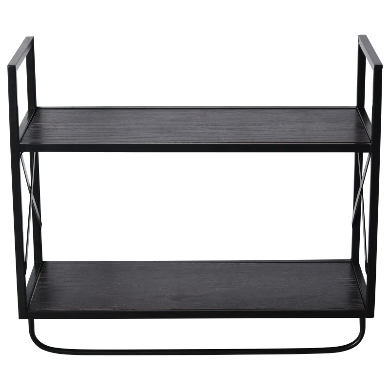 HOMCOM 2-Tier Wall Shelf Metal Frame Wood Shelves Bottom Rail Storage Rack Organisation Home Bedroom Kitchen Hallway Furniture 50x55cm Grey