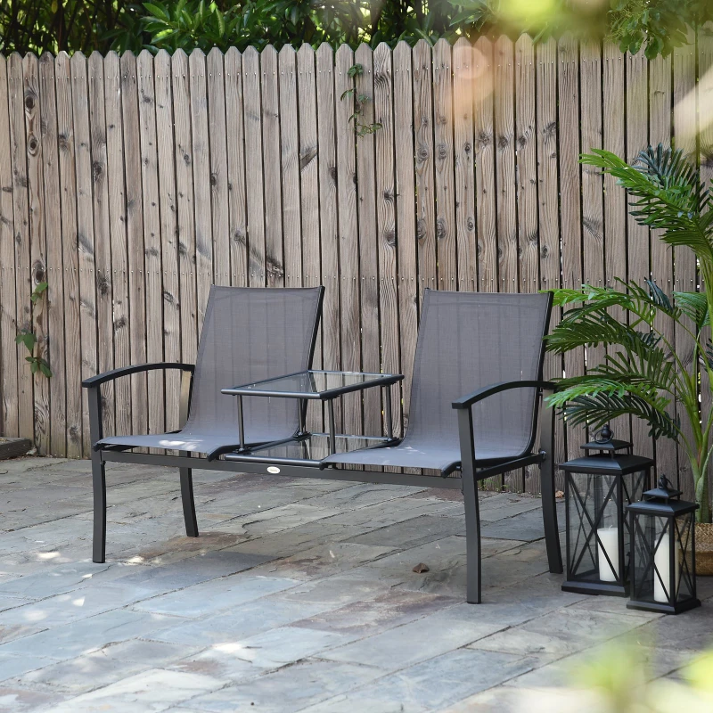 Outsunny Aluminum Texteline 2 Person Bench W/Table-Grey