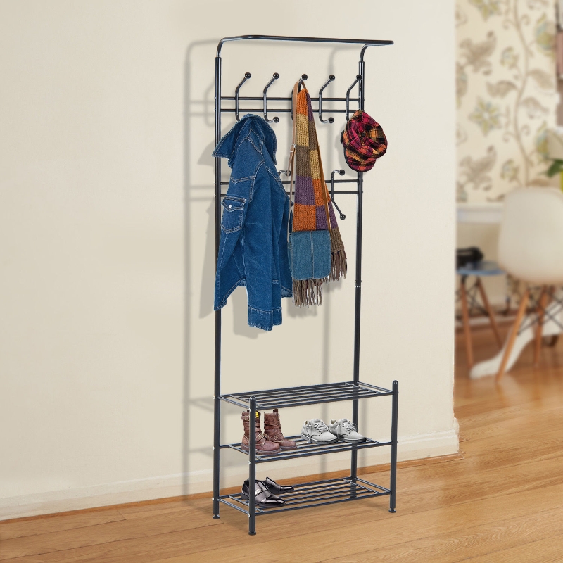 HOMCOM 18 Hook Metal Frame Hallway Coat Hanger w/ 3 Tier Shoe Storage Black