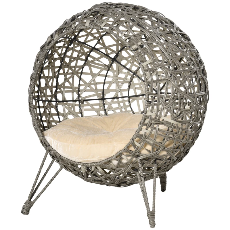 Pawhut Woven Rattan Wicker Elevated Cat Bed House Kitten Pussy Basket Ball Shaped Pet Furniture w/ Removable Cushion Smoky Grey 52 x 52 x 58 cm
