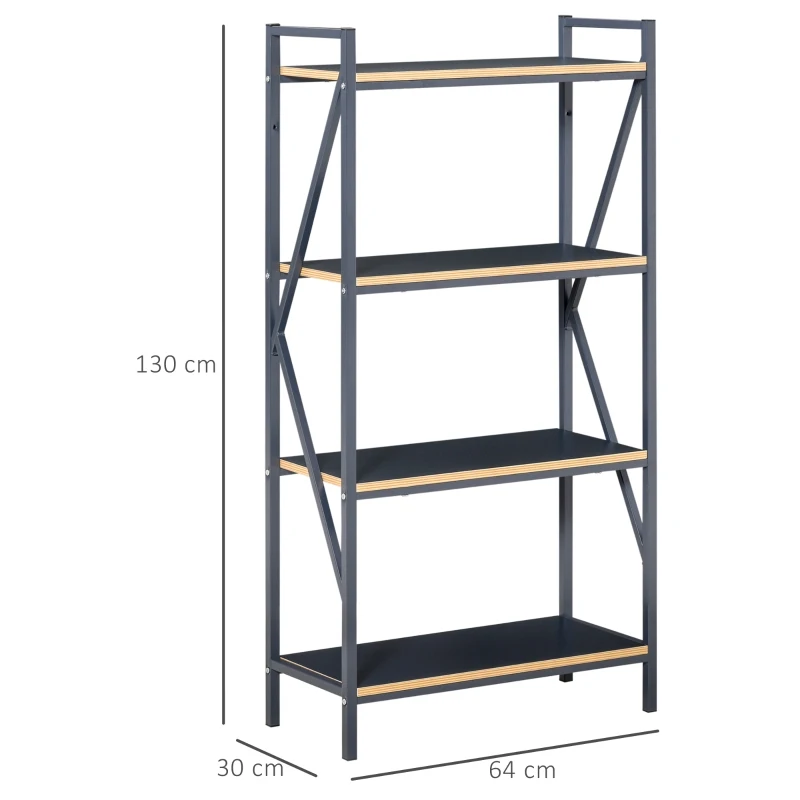 HOMCOM Industrial 4-Tier Bookcase Storage Organizer, Display Rack Open Floor Standing Shelving Unit with Metal Frame for Home Office Study, Blue