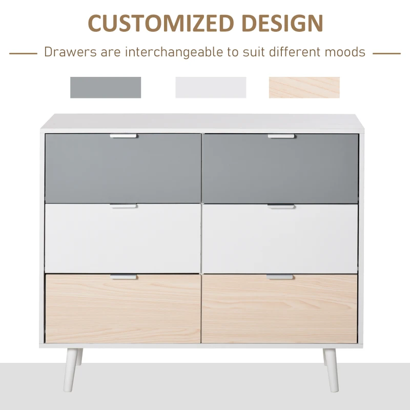 HOMCOM Chest Of Drawers Storage Cabinet Sideboard Dresser w/ 6 Drawers, Wood Legs Metal Handle Bedroom Hallway Living Room Furniture