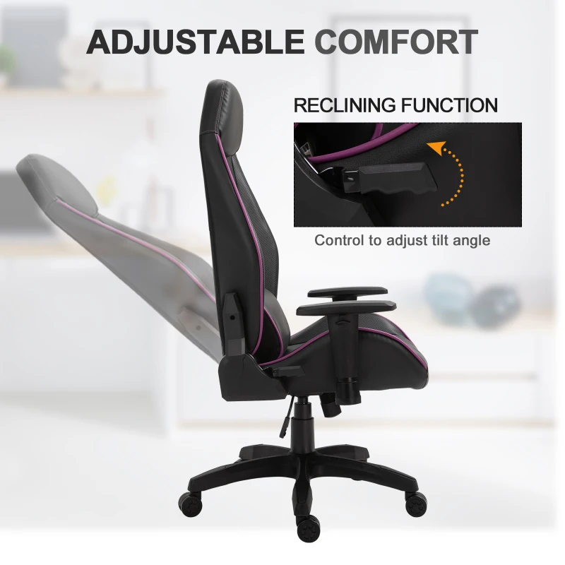 Vinsetto Racing Gaming Chair Adjustable Height Metal Frame w/ Wheels, Pillow Suitable For Home Office - Black&Purple