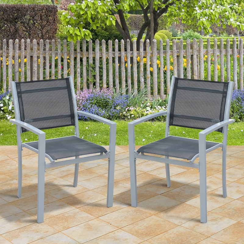 Outsunny Set Of 2 Outdoor Chairs Square Steel Frame Texteline Mesh Seats Foot Caps Grey