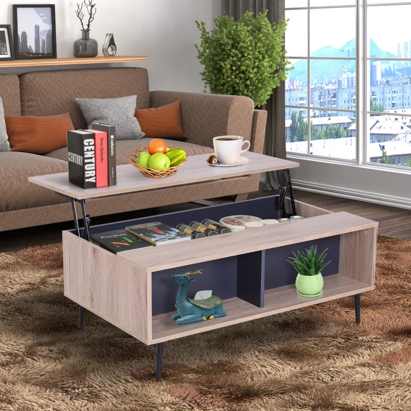 HOMCOM Lift Up Top Coffee Table, 100Wx58Dx39.3-52.7H cm-Natural Wood Grain Colour