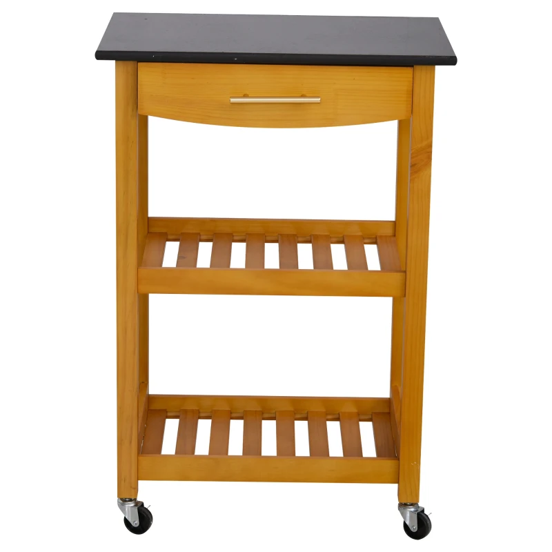 HOMCOM Marble Top 3-Tier Rolling Kitchen Storage Island Oak Tone