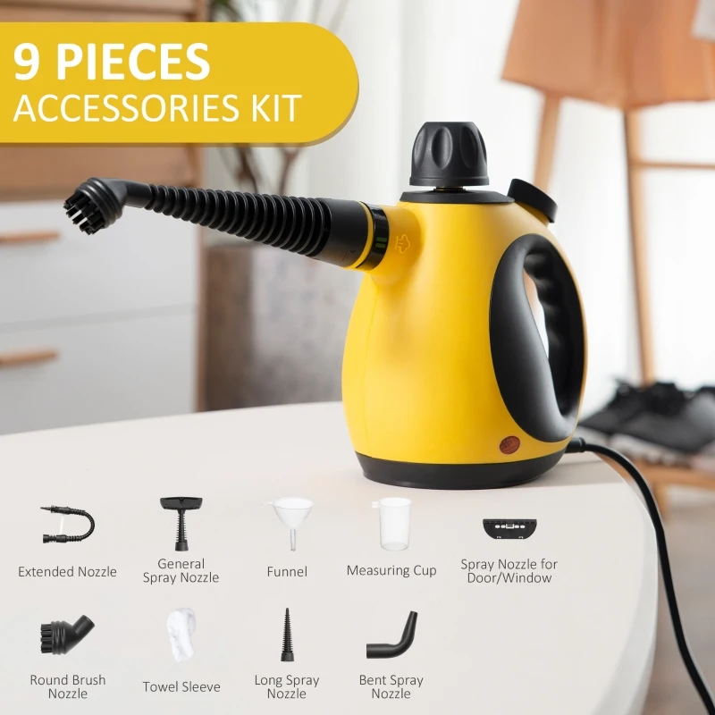 HOMCOM Handheld Steam Cleaner for Chemical Free Cleaning, Portable Multi-purpose Steamer with 9 Pieces Accessory for Kitchen, Bathroom, Window, Car Seat, Carpet, Sofa, 1050W, 350ML Tank, Yellow