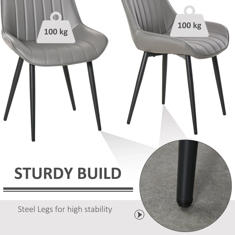 HOMCOM Set Of 2 PU Dining Chairs w/ Cushion Seat Steel Legs Foot Pads Ergonomic Back Home Kitchen Grey