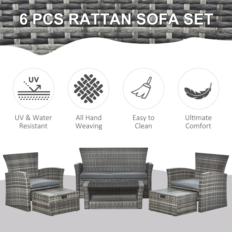 Outsunny 6 PCS Outdoor Patio Furniture Sets All Weather PE Rattan Chair Set Indoor Outdoor Backyard Garden Coffee Table w/ Two Ottoman & Cushions Grey