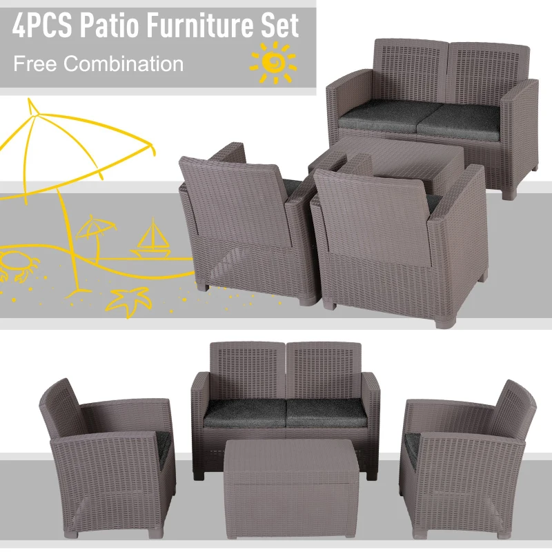 Outsunny Garden PP Rattan Style Sofa Table Set 4 Seater Outdoor Patio 2 Single Chairs & 1 Bench Conservatory Furniture Cushioned Grey