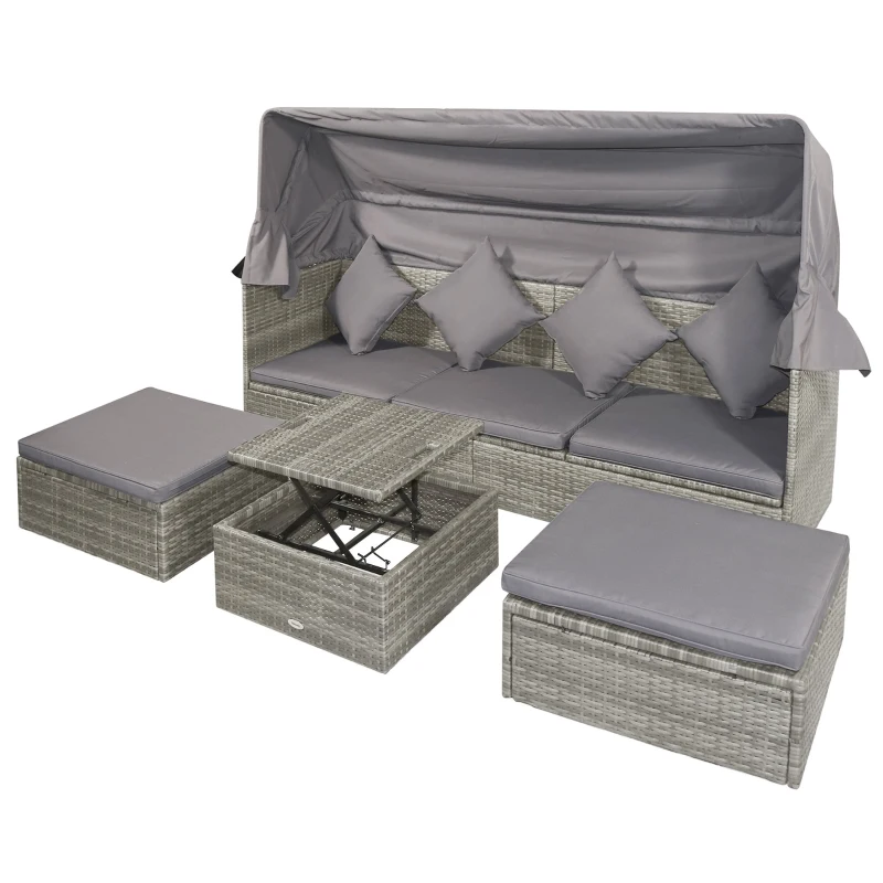Outsunny 4 Piece Outdoor Rattan Wicker Sofa Set Adjustable Conopy & Coffee Table Sectional Patio Conversation Furniture Set w/ Cushions Mixed Grey