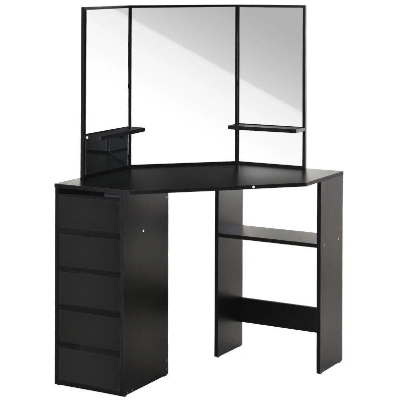 HOMCOM Elegant Dressing Table w/ Tri-Mirror 5 Drawers 2 Shelves Vanity Dresser Black