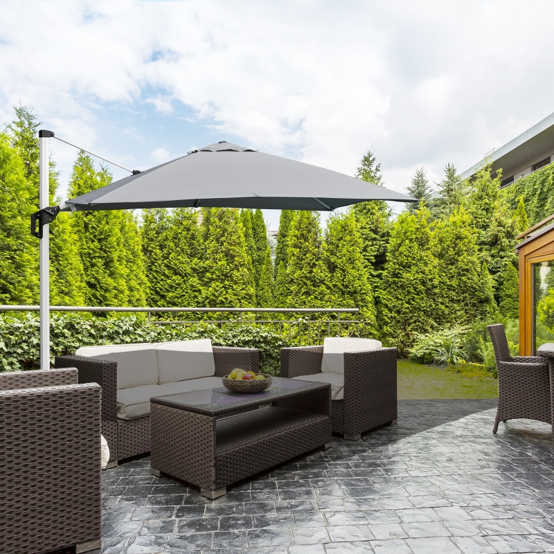 Outsunny 3 x 3(m) Outdoor Cantilever Roma Parasol 360° Rotating w/ Cross Base Light Grey