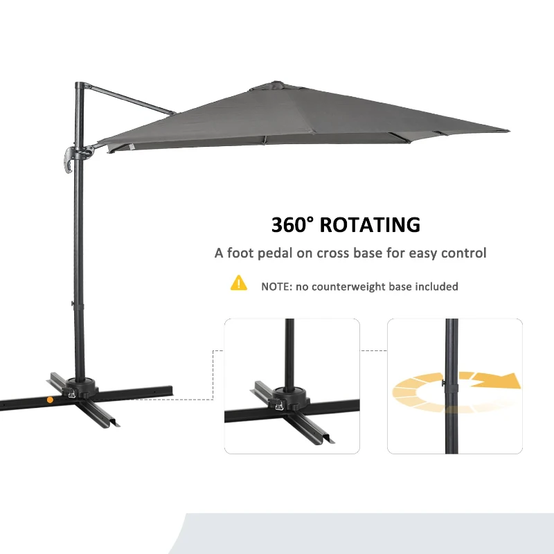 Outsunny 2.7 x 2.7 m Cantilever Parasol, Square Overhanging Umbrella with Cross Base, Crank Handle, Tilt, 360° Rotation and Aluminium Frame, Dark Grey