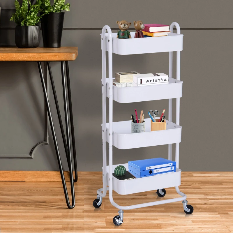 HOMCOM Metal 4-Tier Mobile Storage Serving Trolly Rolling Utility Cart Organiser Kitchen Mesh Bottom White