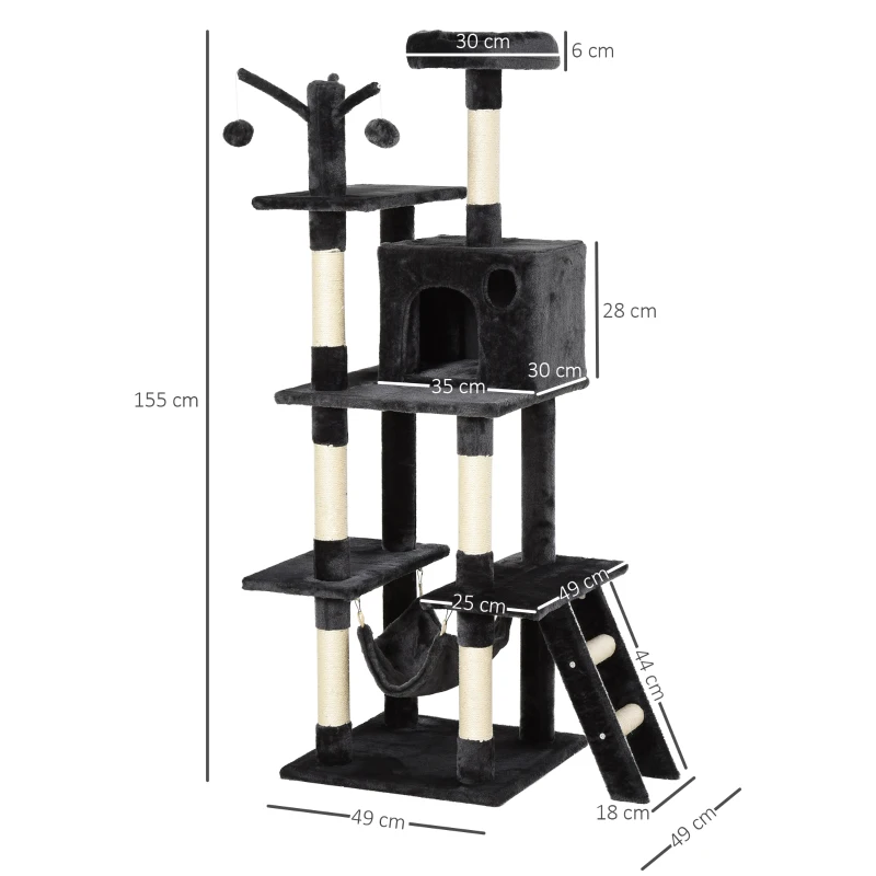 PawHut 155cm Plush Cat Tree for Indoor Cats Activity Center Sisal Scratching Post Basket Hammock Perch Condo Dark Grey