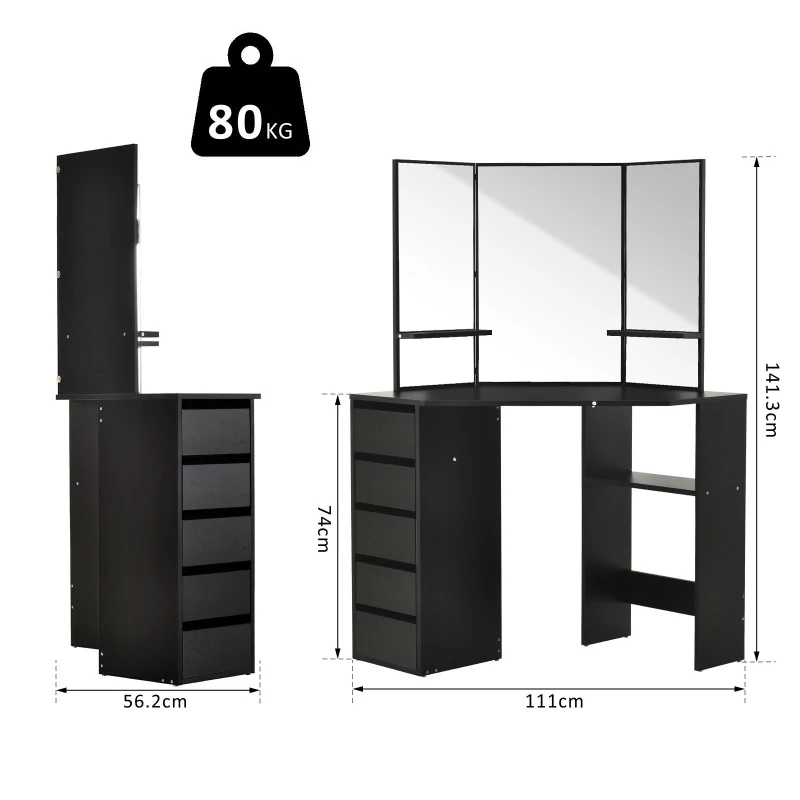 HOMCOM Elegant Dressing Table w/ Tri-Mirror 5 Drawers 2 Shelves Vanity Dresser Black