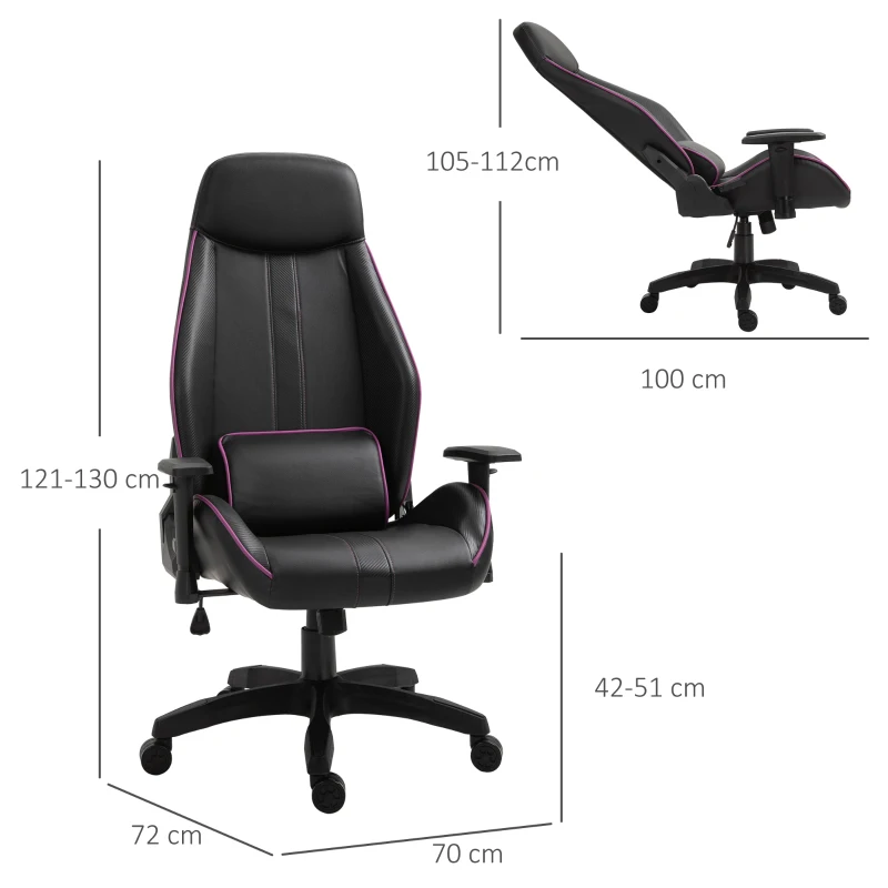 Vinsetto Racing Gaming Chair Adjustable Height Metal Frame w/ Wheels, Pillow Suitable For Home Office - Black&Purple