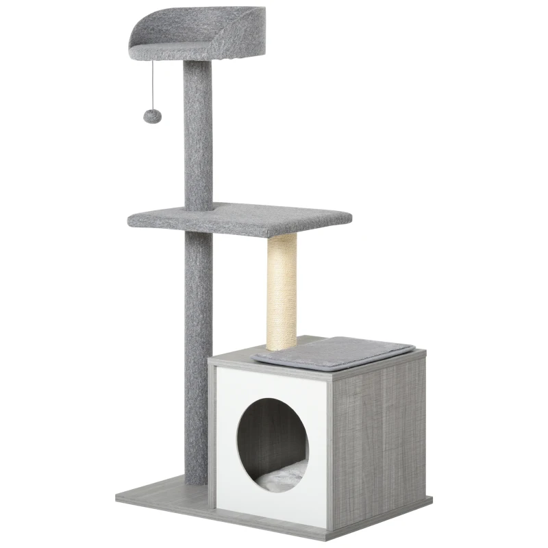 PawHut Cats Particle Board 3-Tier Scratching Tree House Grey