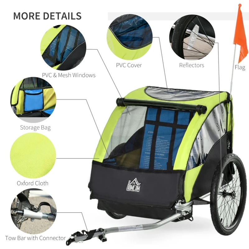 HOMCOM Child Bike Trailer Foldable 2-Seat Baby Transport Carrier with Storage Bag Five-point Safety Harness Hitch Coupler Green