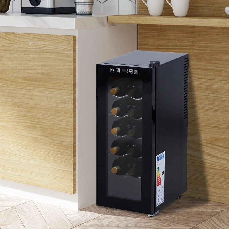 HOMCOM 12 Bottle Wine Cooler Mini Bar Refrigerator 11-18°C Adjustable Temperature Touch Control Led Lights Sleek Stylish Suitable For Home Bar Party Black