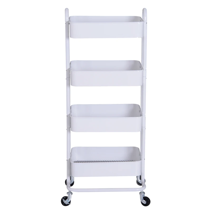 HOMCOM Metal 4-Tier Mobile Storage Serving Trolly Rolling Utility Cart Organiser Kitchen Mesh Bottom White