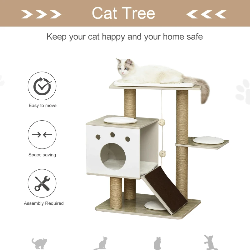 PawHut Cat Tree Tower for Indoor Cats 80cm Climbing Activity Center Kitten Furniture with Jute Scratching Post Pad Ramp Condo Perch Cushion Hanging Ball Velcro Light Grey