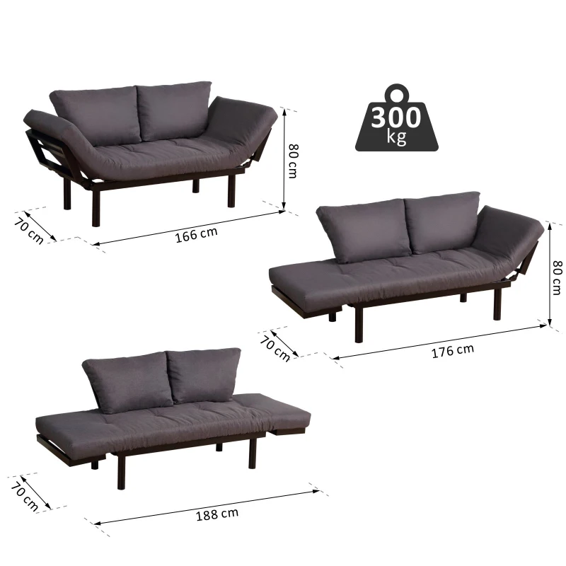 HOMCOM Convertible 3-Position Sofa Bed Couch Chaise Lounge w/ 5-Position Armrest Pillows 80x166cm Black
