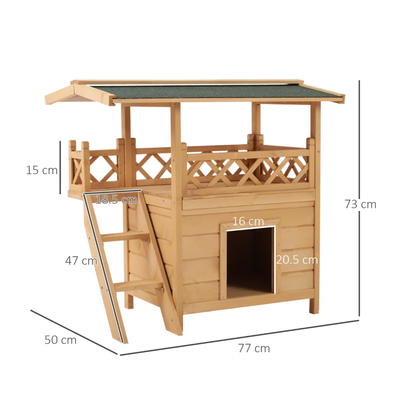 PawHut Wooden Cat House Outdoor Luxury Room Weatherproof Shelter with Balcony and Stair Puppy Garden Large Kennel Natural Wood