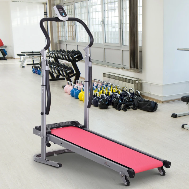 HOMCOM Multi-function Folding Manual Walking Treadmill  Machine & Sit-up Equipment Fitness Exercise Trainer Slope Height Adjustment with Handle - Rose Red