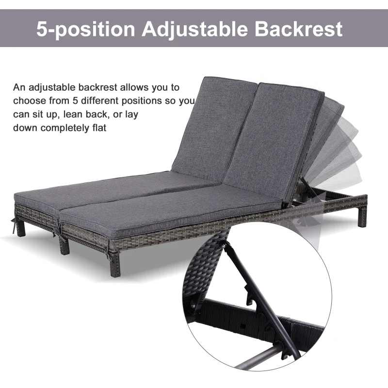 Outsunny Double Rattan Sun Lounger, Garden Daybed with 5-Level Adjustable Backrest, Outdoor Lounge Sunbed with Cushion and Pillows, 2 Seater Wicker Patio Furniture, Grey