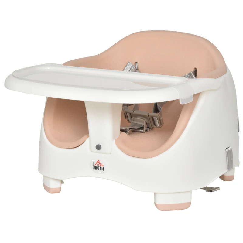 HOMCOM Baby Booster Seat for Dining Portable Toddler Feeding Chair  w/ 3 Point Harness Strap Height Adjustable Removable Cushion Detachable Tray Non-Slip Feet Pink