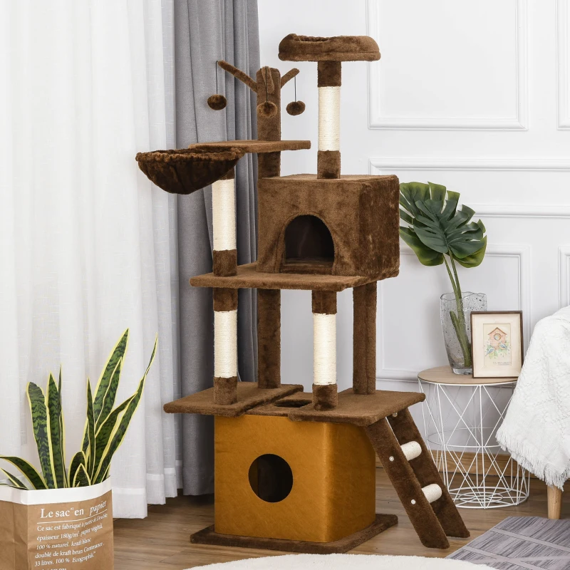 PawHut Cat Tree Tower for Indoor Cats 150cm Climbing Kitten Activity Center with Sisal Scratching Post Perch Hanging Ball Toy Hammock Ladder Double Condo Dark Brown