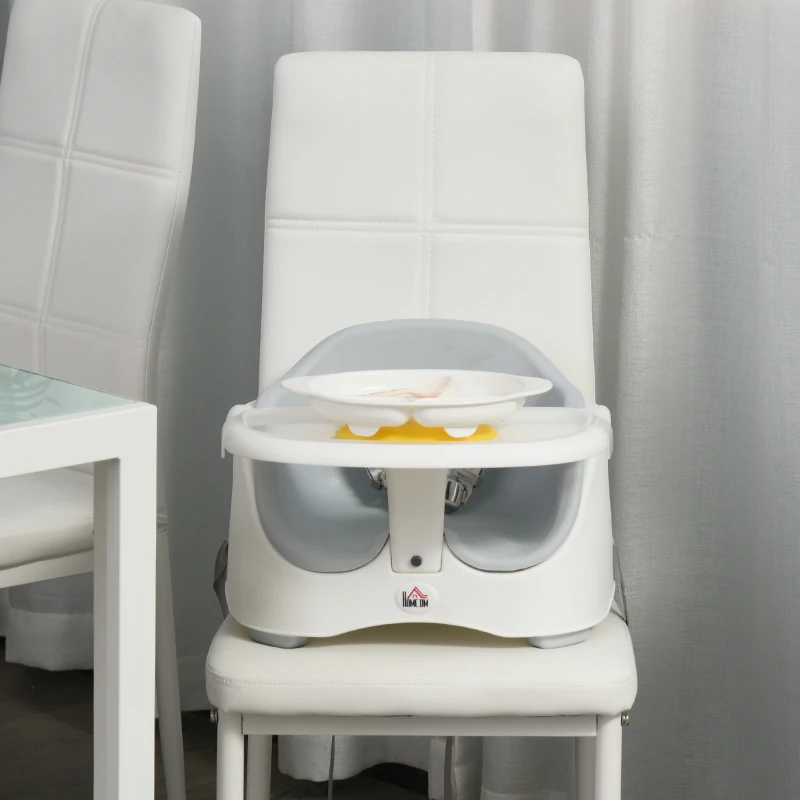 HOMCOM Baby Booster Seat for Dining Portable Toddler Feeding Chair  w/ 3 Point Harness Strap Height Adjustable Removable Cushion Detachable Tray Non-Slip Feet Grey