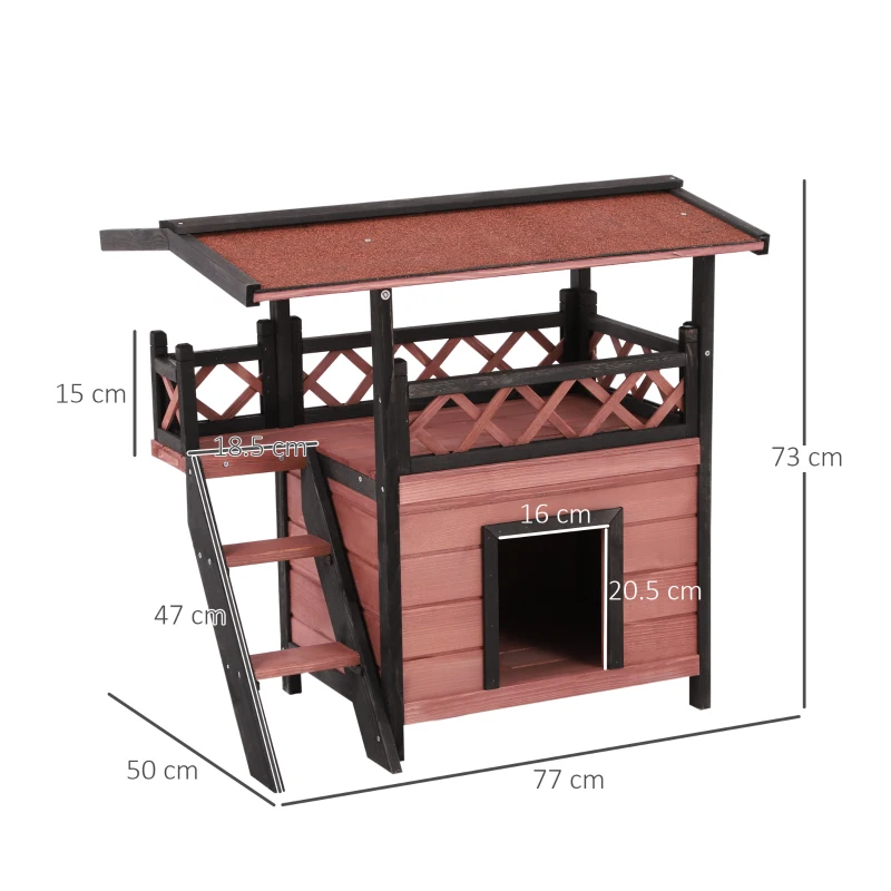 PawHut Wooden Cat House Outdoor Luxury Room Weatherproof Shelter with Balcony and Stair Puppy Garden Large Kennel Brown